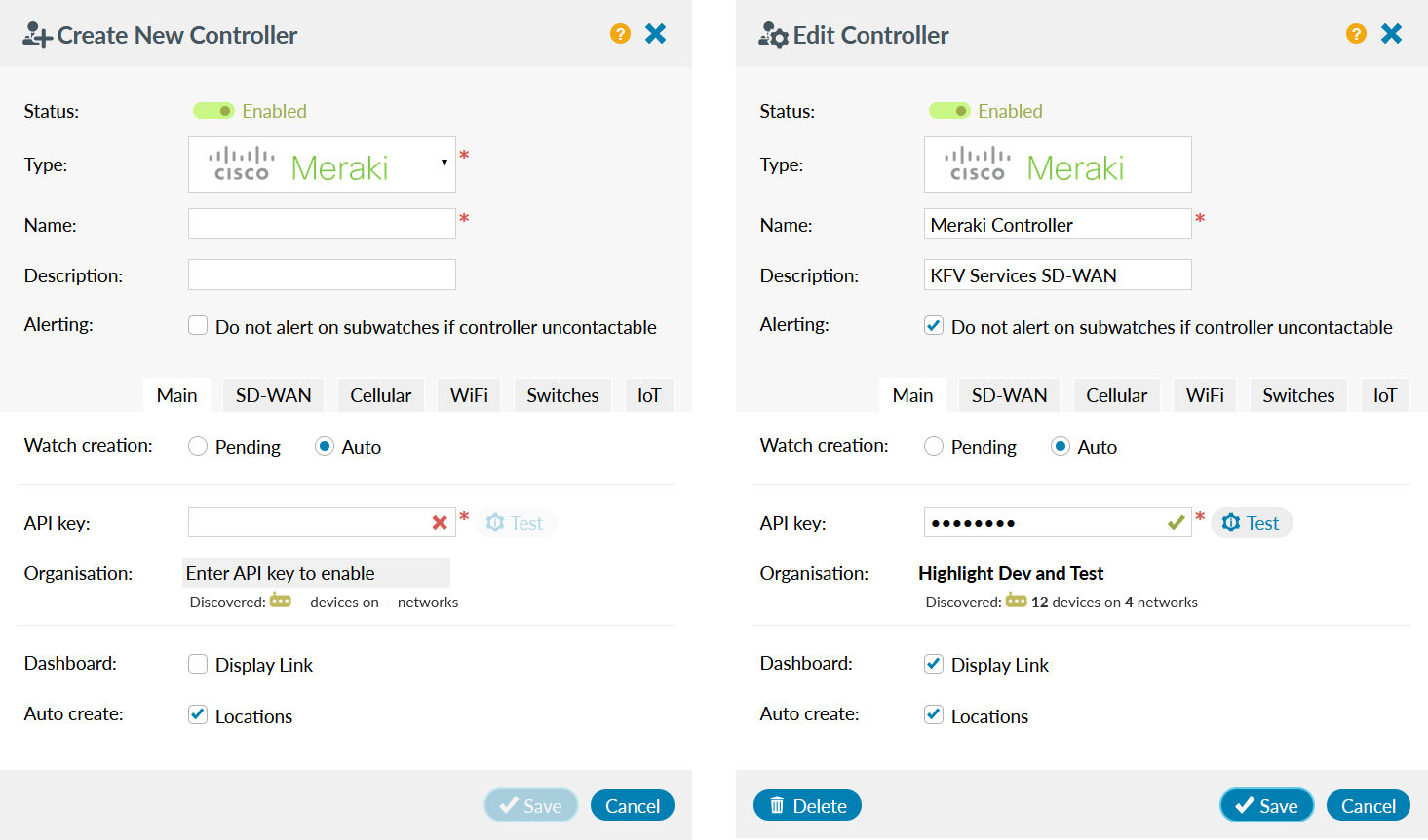 SD-WAN create or edit Meraki controller panel