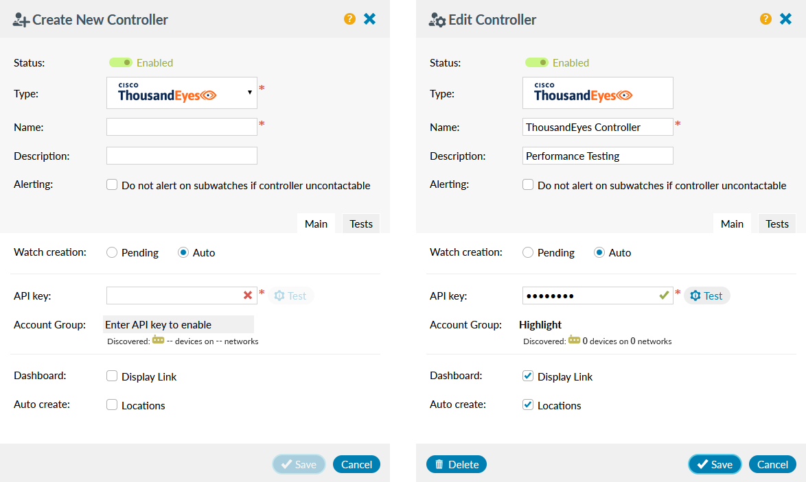 SD-WAN create or edit Thousand Eyes controller panel