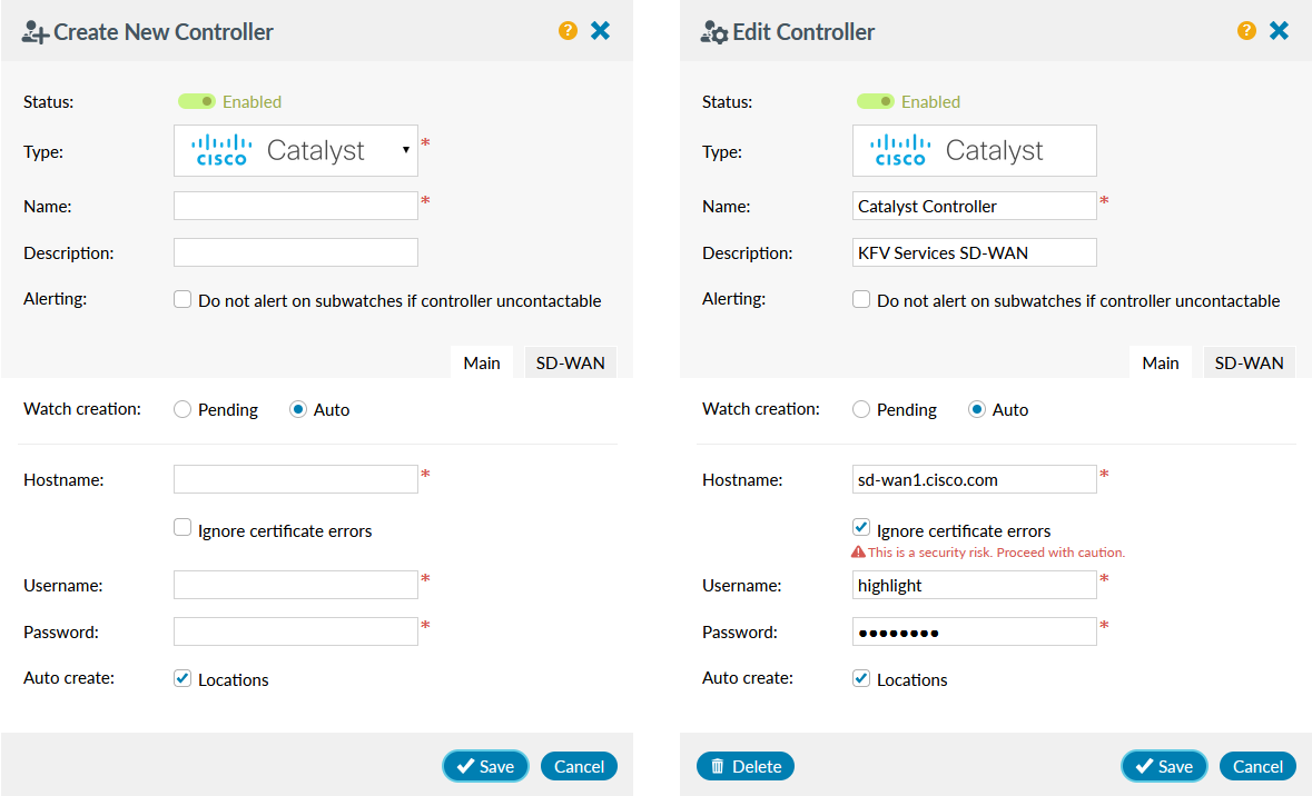 SD-WAN create or edit Cisco Catalyst controller panel