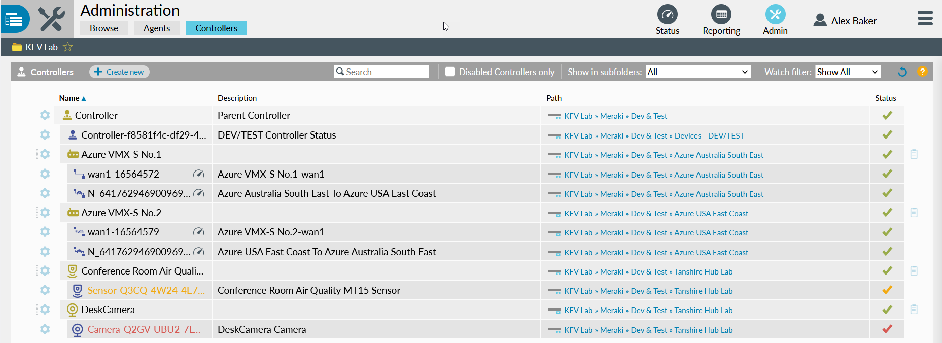 Controllers admin page at folder level